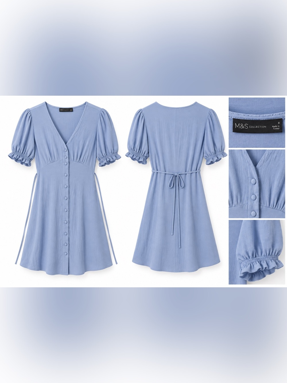 M&S Collection Blue Button Front Puff Sleeve Dress – Size 6